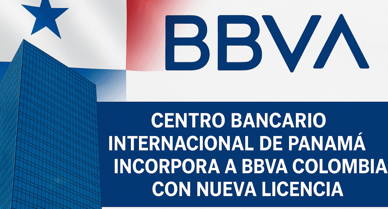 Edificio financiero en Panamá con la bandera nacional y el logotipo de BBVA, representando la nueva licencia internacional otorgada a BBVA Colombia en el Centro Bancario Internacional.