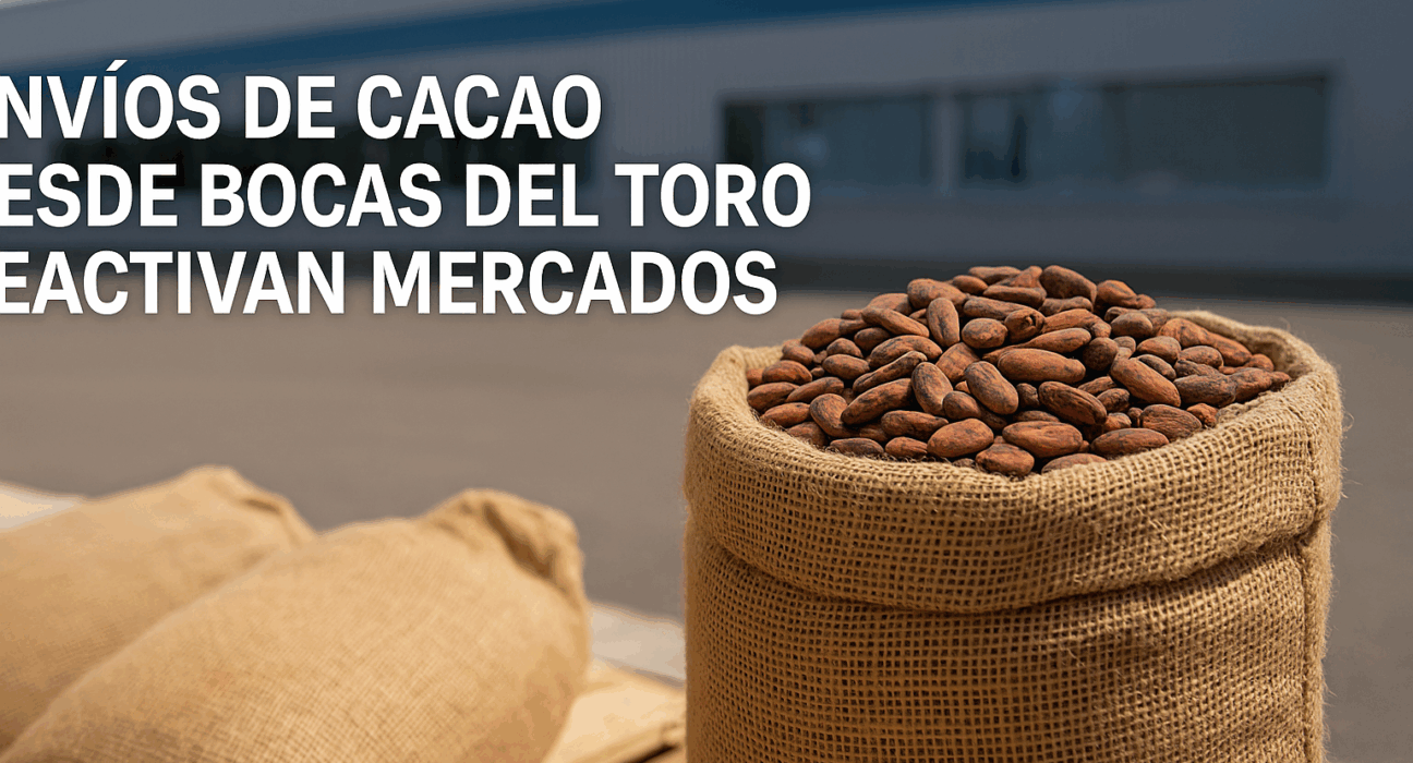 Sacos de cacao en un puerto panameño listos para exportación, representando la reactivación de los mercados tras bloqueos en Bocas del Toro.