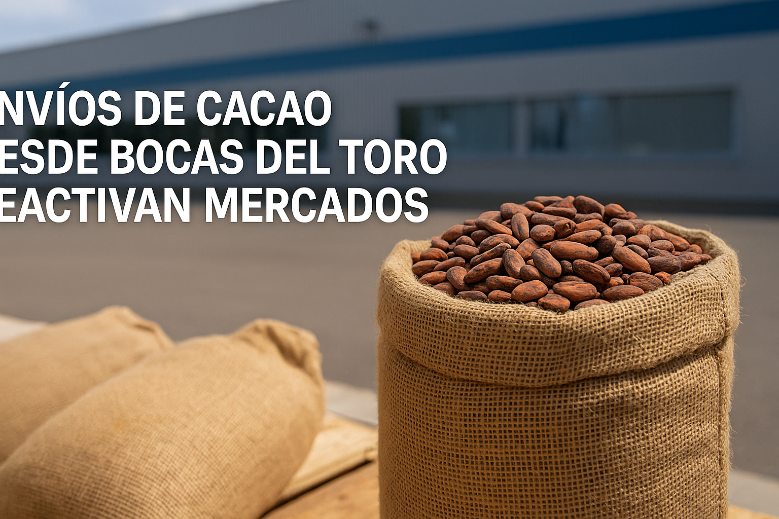 Sacos de cacao en un puerto panameño listos para exportación, representando la reactivación de los mercados tras bloqueos en Bocas del Toro.