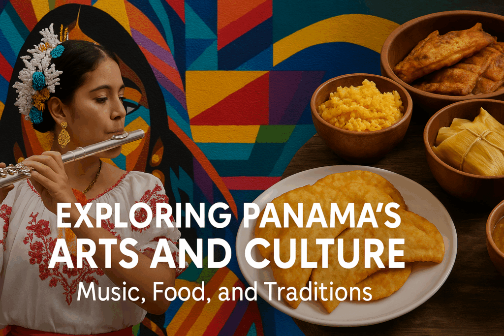 Panamanian woman in traditional dress playing flute beside mural, with local food dishes like tamales and empanadas, symbolizing Panama’s arts and culture.
