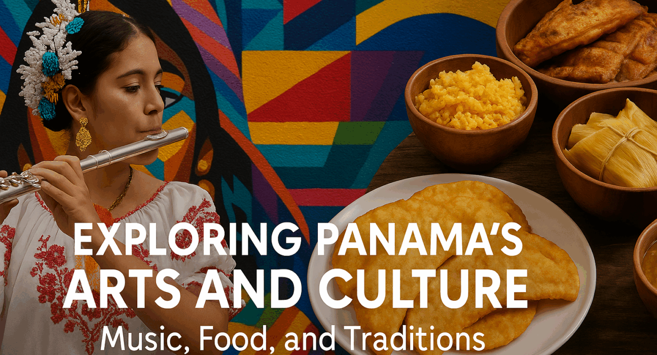 Panamanian woman in traditional dress playing flute beside mural, with local food dishes like tamales and empanadas, symbolizing Panama’s arts and culture.