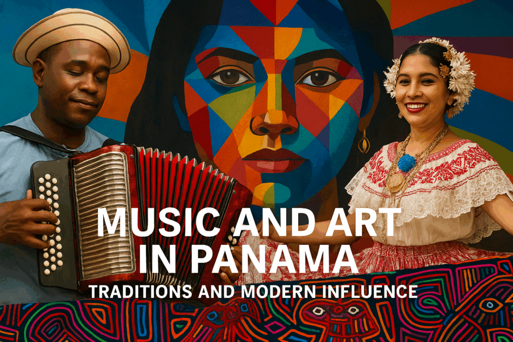 Panamanian accordion player and folkloric dancer in traditional attire with colorful mural and molas, representing music and art in Panama.