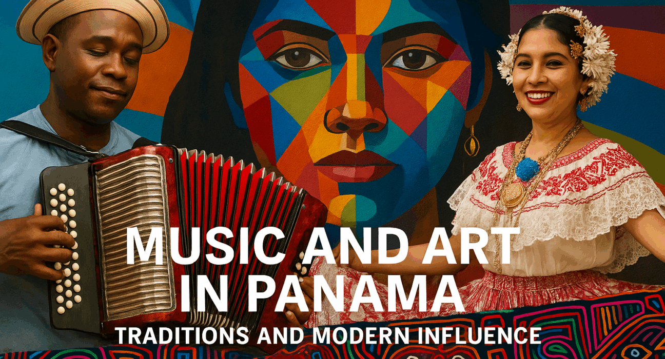Panamanian accordion player and folkloric dancer in traditional attire with colorful mural and molas, representing music and art in Panama.