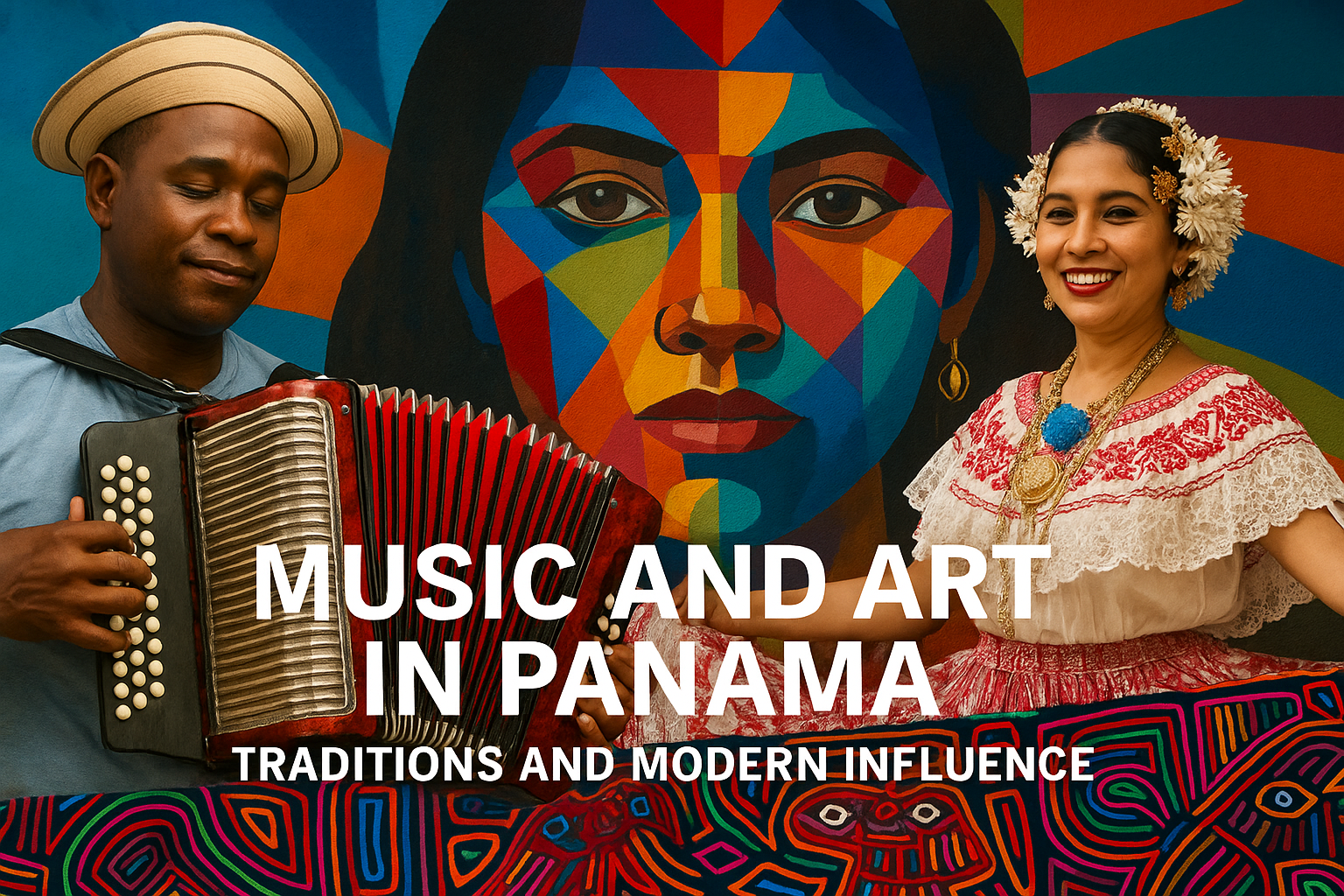 Panamanian accordion player and folkloric dancer in traditional attire with colorful mural and molas, representing music and art in Panama.
