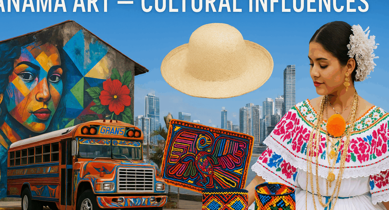 A colorful collage of Panama’s art and culture featuring a pollera dress, mola textiles, a Panama hat, Embera beaded crafts, a painted Diablo Rojo bus, and vibrant street art with Panama City’s skyline in the background.