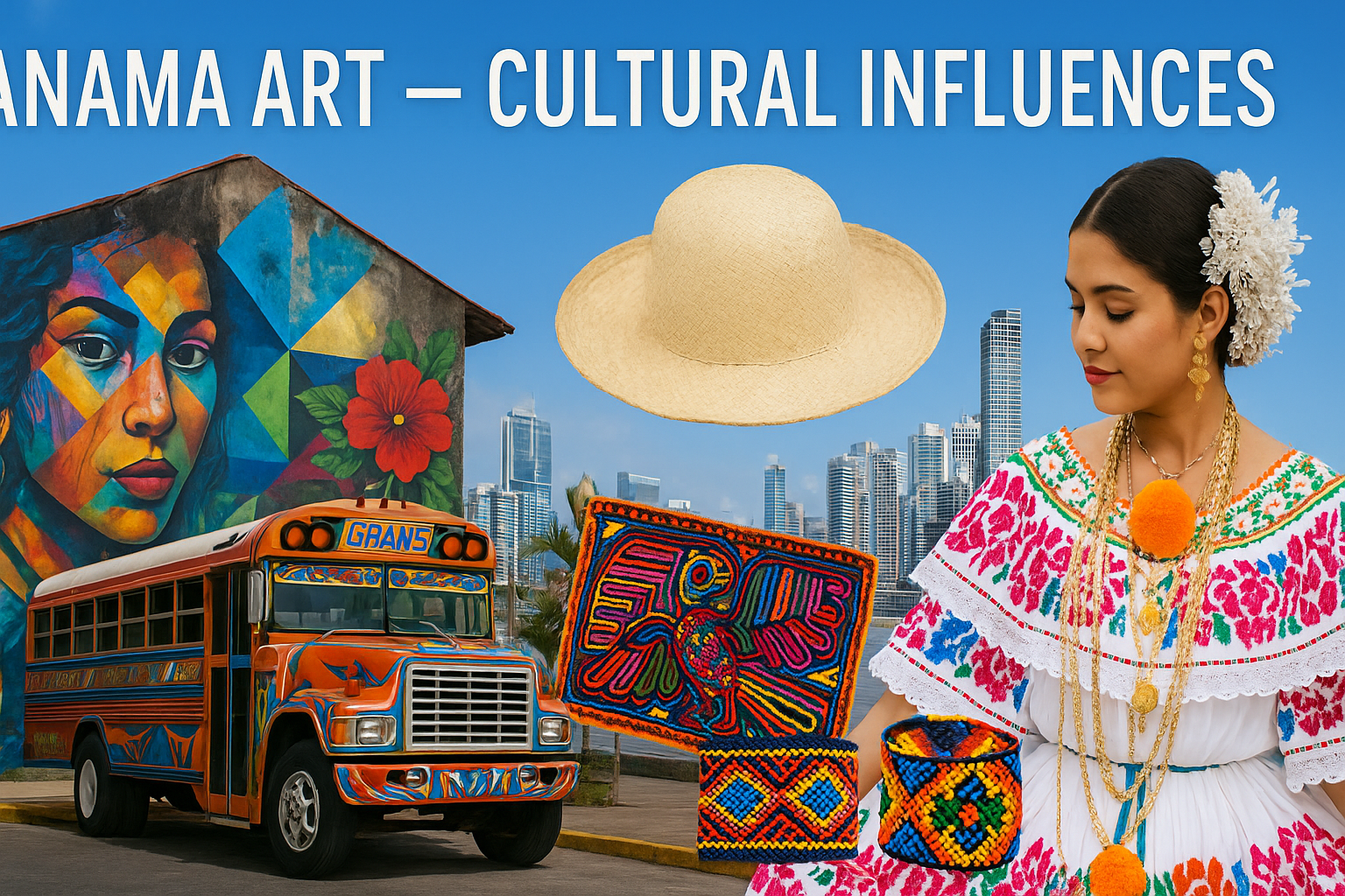 A colorful collage of Panama’s art and culture featuring a pollera dress, mola textiles, a Panama hat, Embera beaded crafts, a painted Diablo Rojo bus, and vibrant street art with Panama City’s skyline in the background.