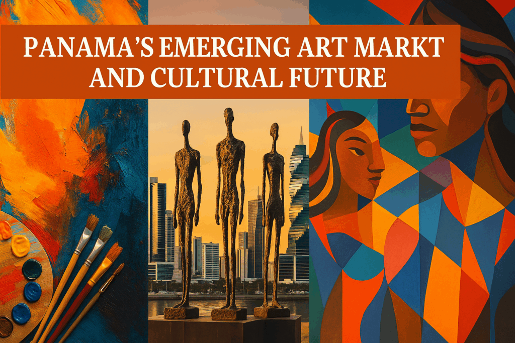 Modern artwork, sculptures, and Panama City skyline representing the country’s emerging art market and cultural future.