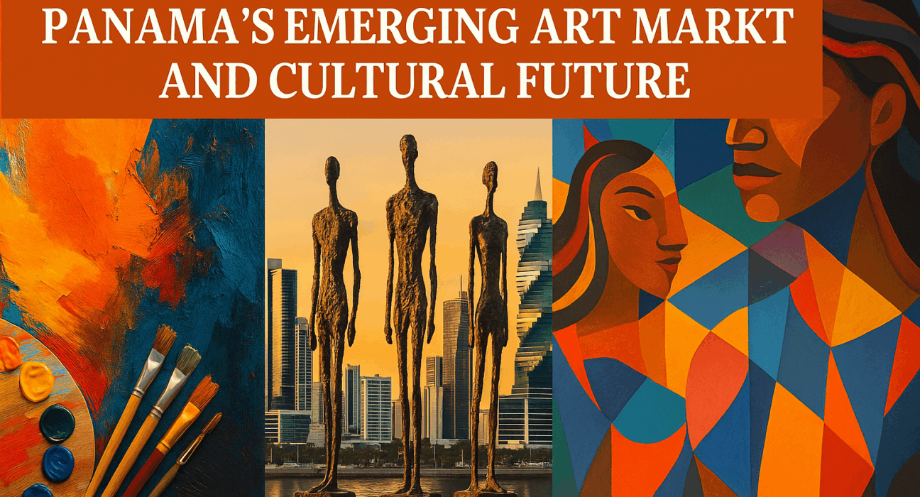 Modern artwork, sculptures, and Panama City skyline representing the country’s emerging art market and cultural future.
