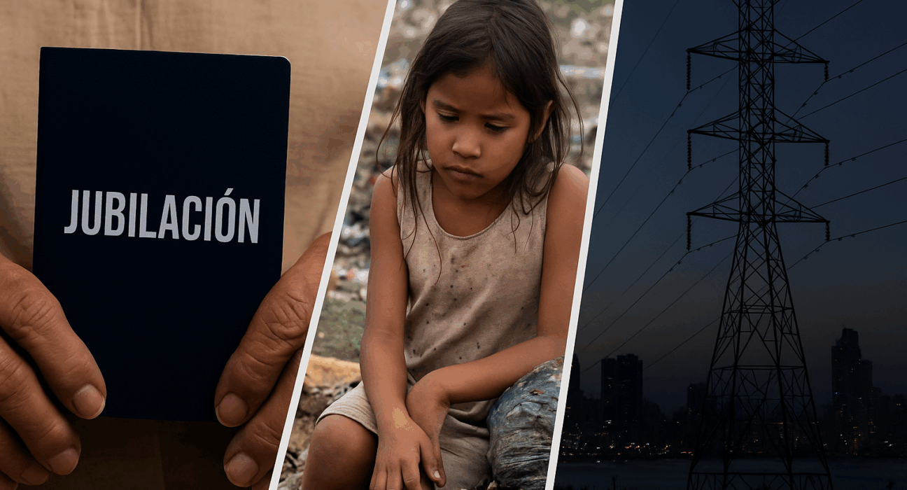 Montaje con libreta de jubilación, niña en situación de pobreza y torre eléctrica en Ciudad de Panamá, simbolizando la crisis social y energética.