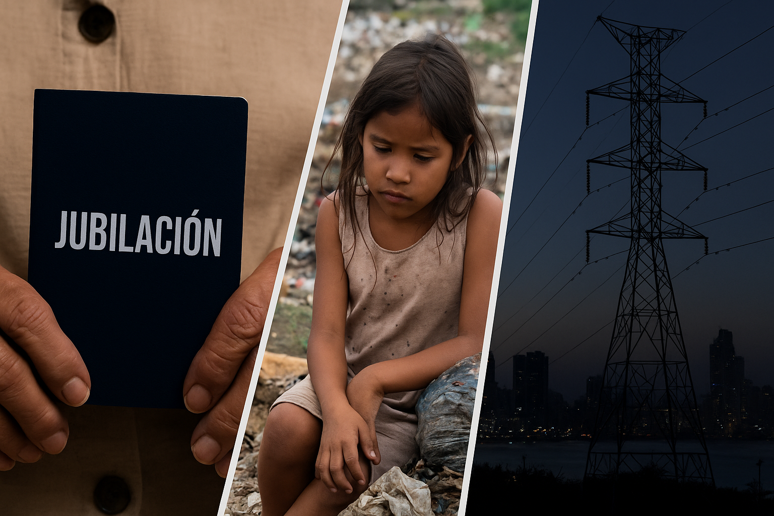 Montaje con libreta de jubilación, niña en situación de pobreza y torre eléctrica en Ciudad de Panamá, simbolizando la crisis social y energética.