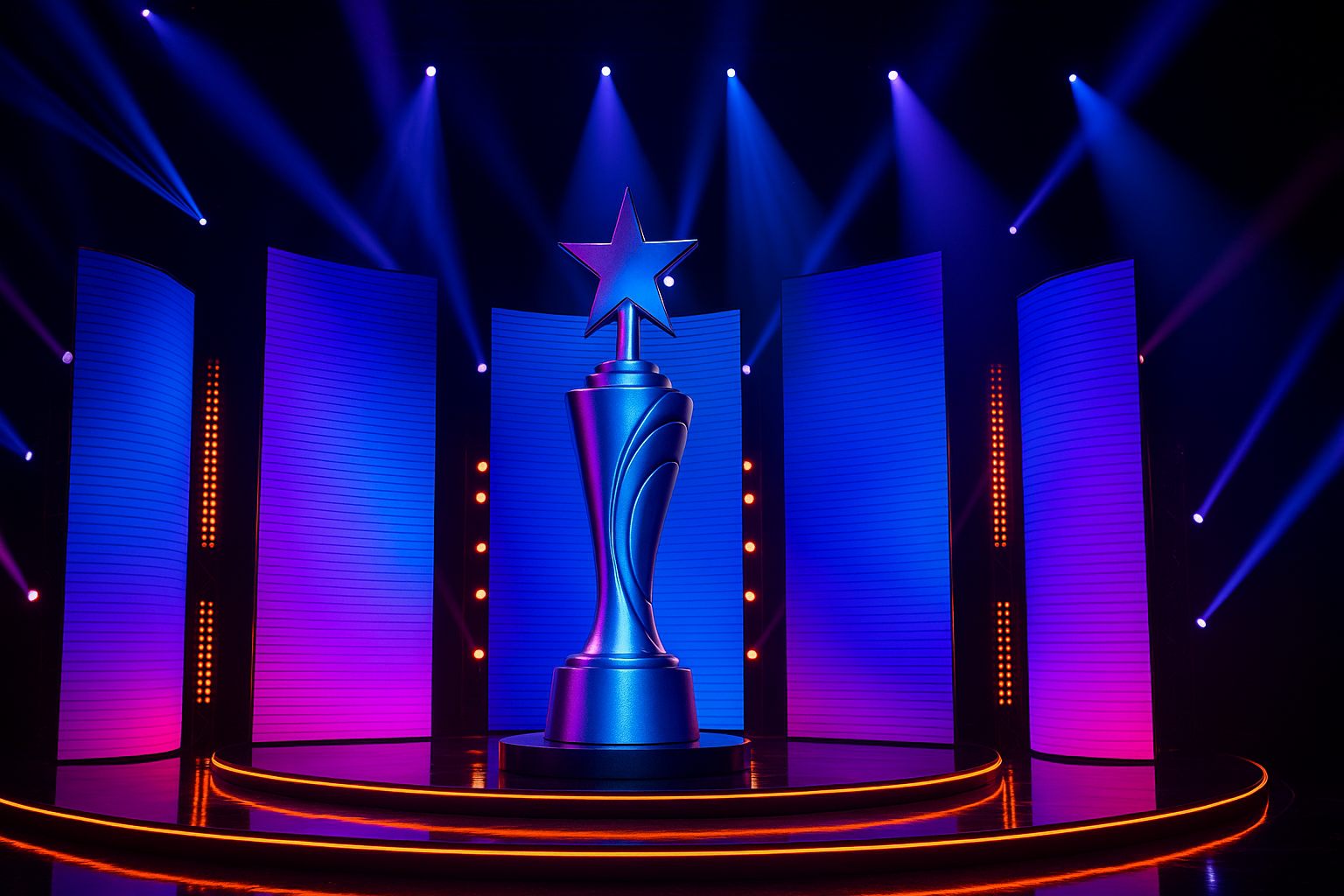 Escenario iluminado con luces de concierto y trofeo estelar, representando la celebración de los Premios Juventud 2025 en Panamá.